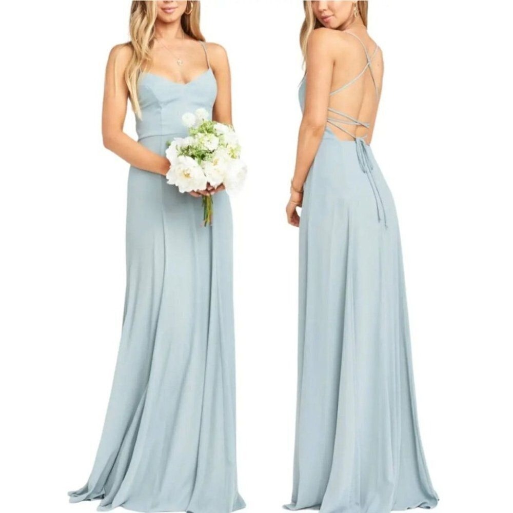Show Me Your Mumu Godshaw Goddess Gown Dusty Blue Sage Lace Up Back Maxi Dress S